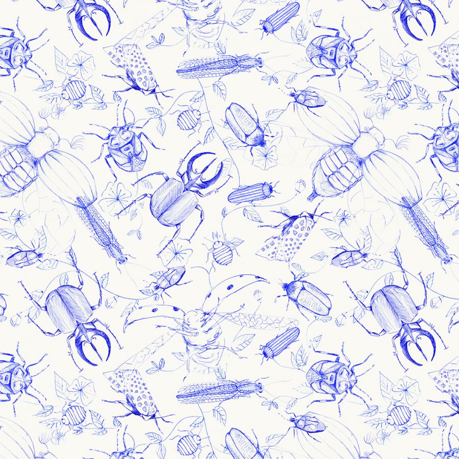 Romantische print ballpoint bugs in blauw en wit stoffen behangpapier